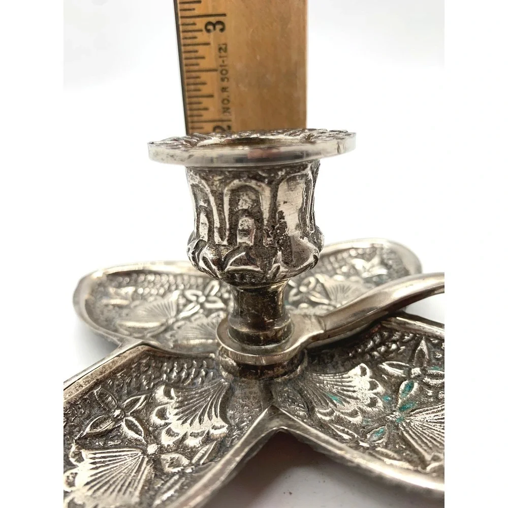 Vintage Silver Flower Chamberstick Candle Holder Pair Hollywood Regency Taper